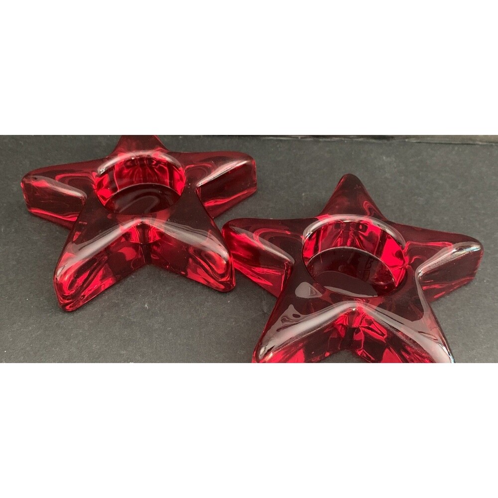 Set of 2 Red Glass Star Candle Holders – Tealight Votive Holiday Decor